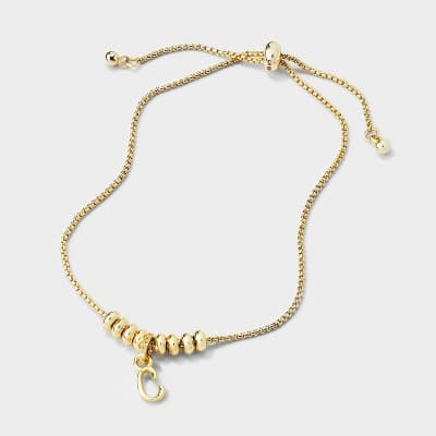 14k Gold Dipped Letter "C" Twist Initial with Cubic Zirconia Bail Bolo Bracelet - A New Day™ Gold