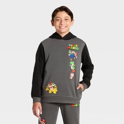 Boys' Super Mario and Luigi Front and Back Graphic Hooded Fleece Sweatshirt - Charcoal Gray M