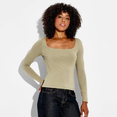 Women's Long Sleeve Square Neck T-Shirt - Wild Fable™ Dark Taupe XS