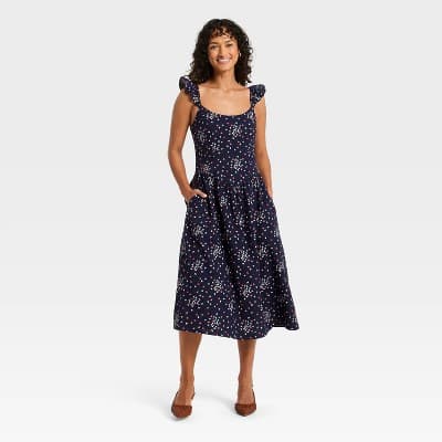 Women's Sleeveless Midi Pullover A-Line Dress - Universal Thread™ Navy Blue Floral L