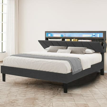 Dextrus LED Queen Size Bed Frame with Storage Headboard, No Box Spring Required,Grey