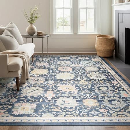 Crestwood Traditional Oriental 5'3'' x 7' Navy and Aqua Polyester Indoor Area Rug, 5'3'' x 7'