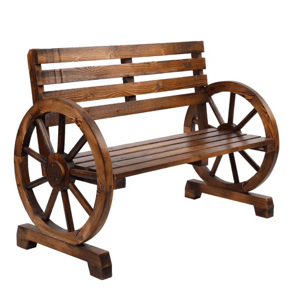 Rustic Wagon-Wheel Patio Bench for $87 on Wayfair