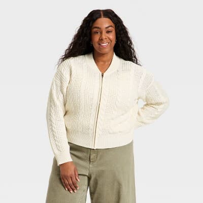 Women's Cable Full Zip Fashion Jacket - Universal Thread™ Cream XXL