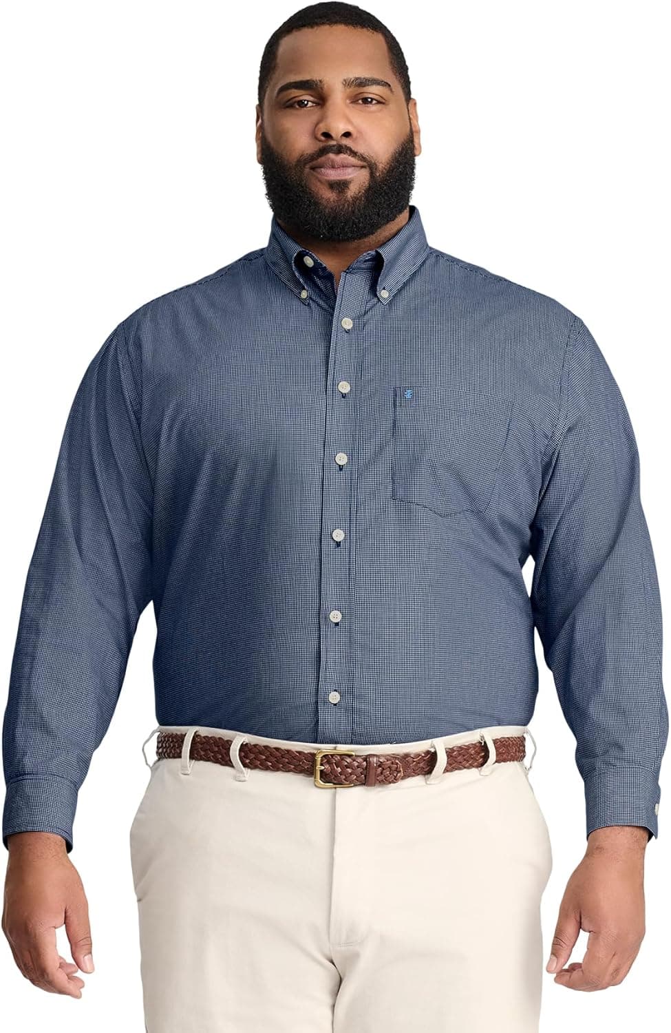 Izod Men's Big and Tall Performance Comfort Long Sleeve Gingham Button Down Shirt, Estate Blue, XX-Large Big