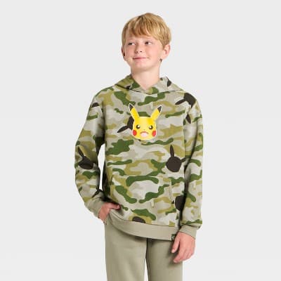 Boys' Pokemon Pikachu Camo Fleece Hooded Sweatshirt - Green M