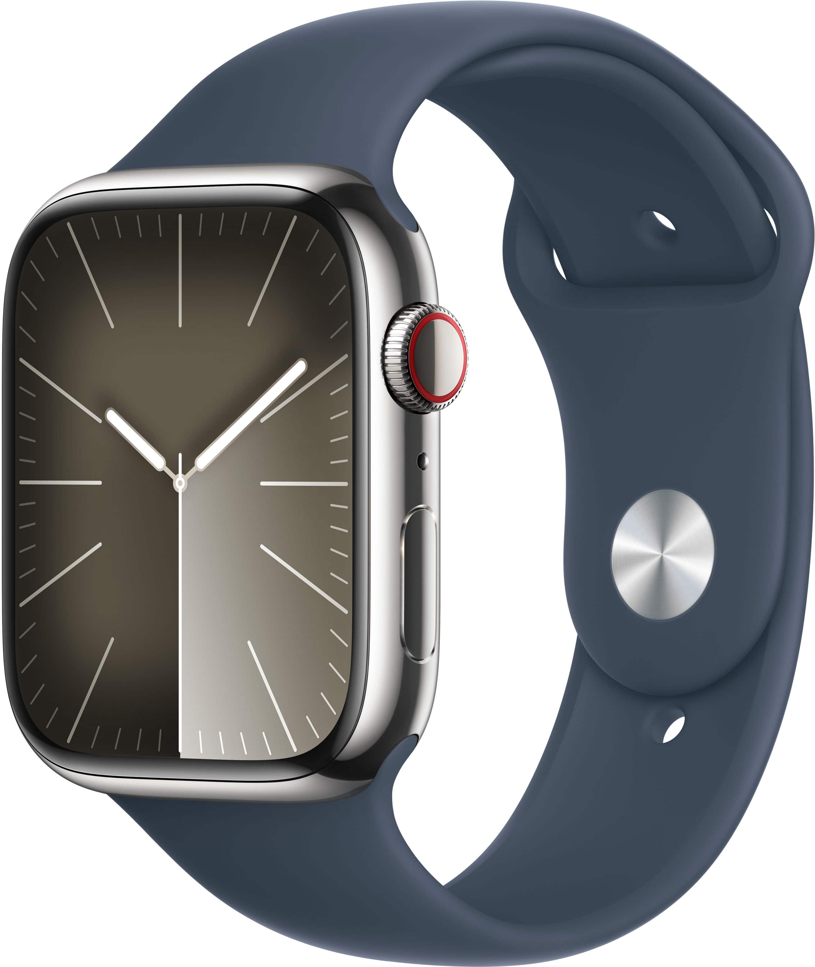 Apple GS Cert Refurb Watch Series 9 (GPS + Cell) 45mm Silver SS Case w Storm Blue Sport Band - S/M - Silver - 2023 - Silver - (2023)