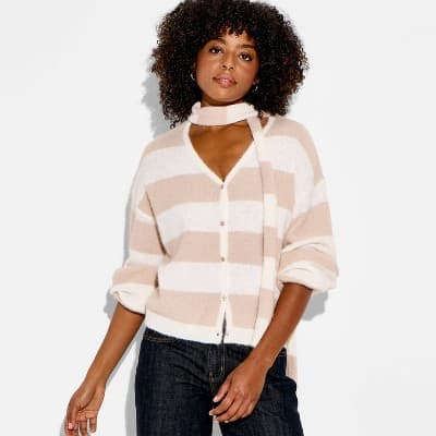 Women's Long Sleeve V-Neck Cardigan - Wild Fable™ Beige Striped M