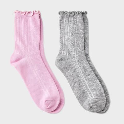 Girls' 2pk Ruffle Trim Pointelle Crew Socks - art class™ Pink/Gray M