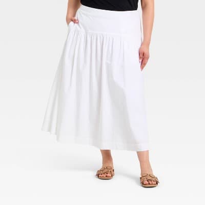 Women's Resort Poplin Drop Waist Midi Skirt - A New Day™ White 1X