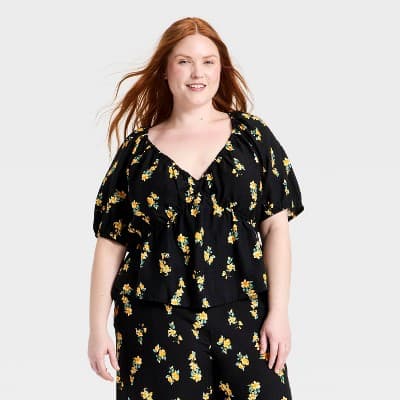 Women's Short Sleeve Slub Crepe Top - A New Day™ Black Floral 3X