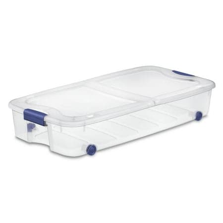 Sterilite 66 Quart Latching Underbed Wheeled Storage Bin, Clear Plastic Storage Container with Latch Lid, Blue