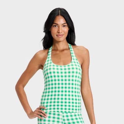 Women's Everyday Soft Halter Neck Support Tank Top - All in Motion™ Forest Green Gingham XXL