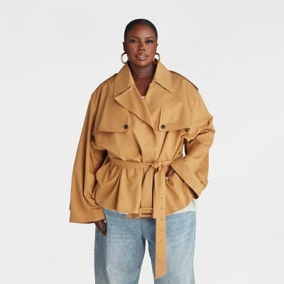 KBB by KAHLANA Women's 'The Belted Cropped Trench Jacket' - Light Brown 1X