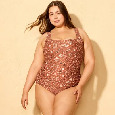 Women's Animal Bandana Print Tummy Control Square Neck One Piece Swimsuit - Shade & Shore™ Brown 16