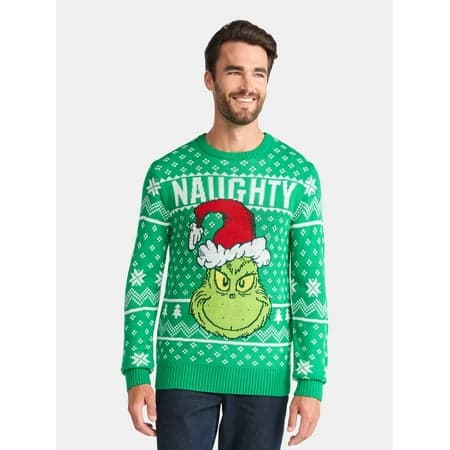 Dr. Seuss Grinch Naughty Men's and Big Men's Holiday Ugly Christmas Sweater, Sizes XS-3XL