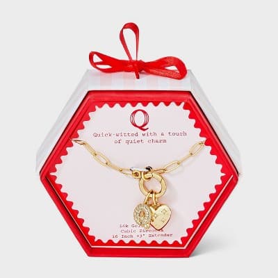 14K Gold Dipped Cubic Zirconia Puffy Heart Charm Q Initial Necklace - A New Day™ Gold