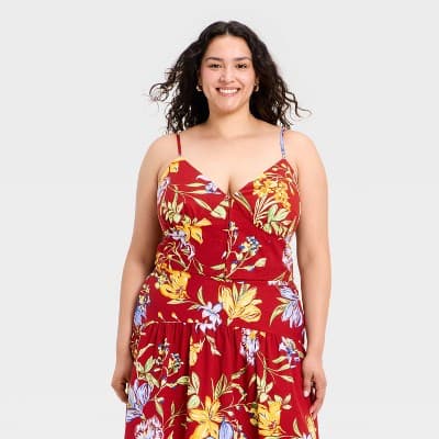 Women's Luxe Linen Corset Top - A New Day™ Red Floral 1X