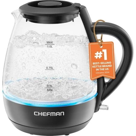 Chefman 1L Electric Glass Kettle w/ LED Indicator Light, Automatic Shutoff - Black