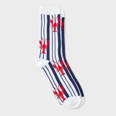 Women's Lobster Stripes Crew Socks - White/Red/Blue 4-10