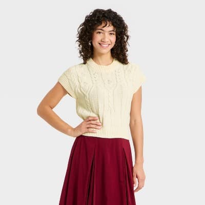 Women's Short Sleeve Crewneck Cable Pullover Sweater - A New Day™ Cream XL