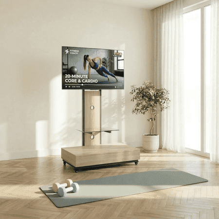 Homy Casa Mobile TV Stand for 32-75 Inch TVs with Wheels, Swivel Adjustable Height Glass Shelf and Storage Drawer