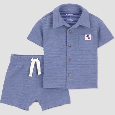 Carter's Just One You® Baby Boys' 2pc Striped Button-Down 4th of July Shirt and Shorts Set - Blue 18M