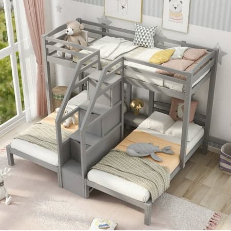 EUROCO Twin over Twin & Twin Bunk Bed with Staircase and Drawers for Kids Teens Bedroom, 3-in-1 Bunk for More Kids, Storage Staircase, Gray