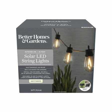Better Homes & Gardens Solar LED String Lights, 34'