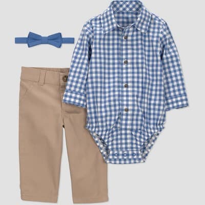 Carter's Just One You® Baby Boys' 2pc Gingham Long Sleeve Bodysuit and Pants Set - Khaki/Blue 3M