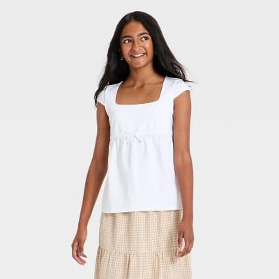 Girls' Cap Sleeve Babydoll Top - art class™ White S