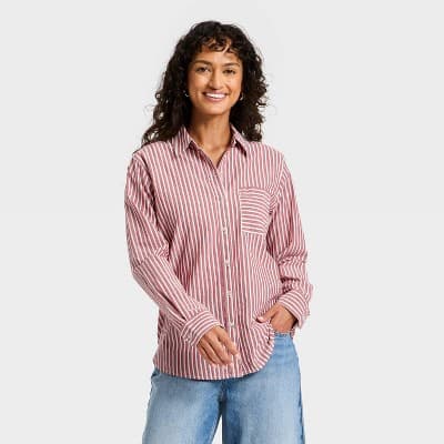 Women's Long Sleeve Collared Striped Button-Down Shirt - Universal Thread™ Red XS
