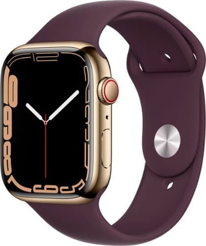 Geek Squad Refurbished Apple Watch Series 7 (GPS + Cellular) 45mm Gold Stainless Steel Case with Dark Cherry Sport Band - Gold - (2021)