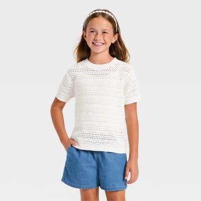 Girls' Short Sleeve Openwork Pullover Sweater - Cat & Jack™ Cream XS