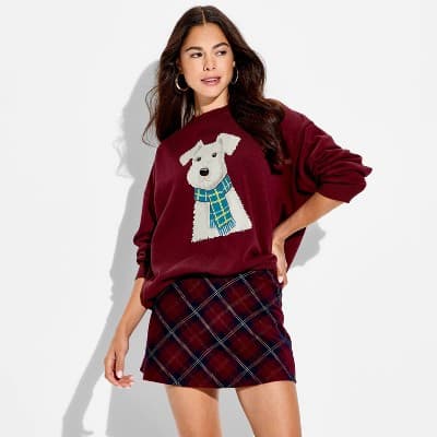 Women's Dog Scarf Fleece Graphic Pullover Sweatshirt - Burgundy M