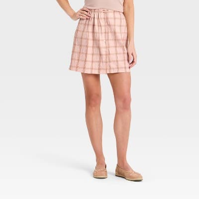 Women's Mini A-Line Skirt - A New Day™ Light Pink Plaid M