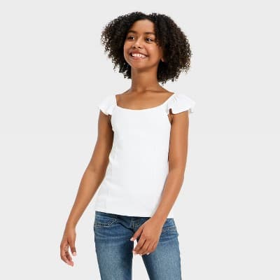 Girls' Flutter Sleeve Knit Top - art class™ White XS