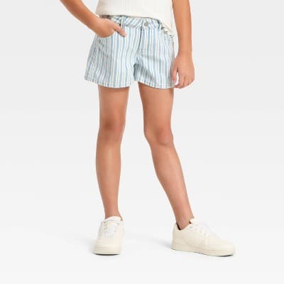 Girls' Mid-Rise Striped Jean Shorts - Cat & Jack™ Blue/White L