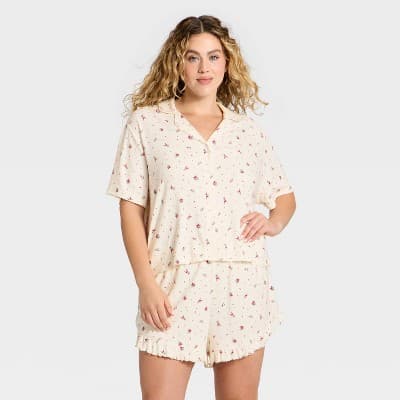 Women's Pointelle Notch Collar Shirt and Shorts Pajama Set - Wild Fable™ Cream Mistletoe 2X