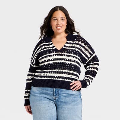 Women's Openwork V-Neck Striped Pullover Sweater - Universal Thread™ Navy Blue XXL