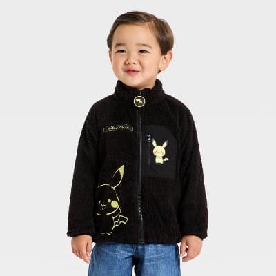 Toddler Boys' Pokemon Monpoke Collection Pikachu Faux Shearling Zip-Up Sweatshirt - Black 2T