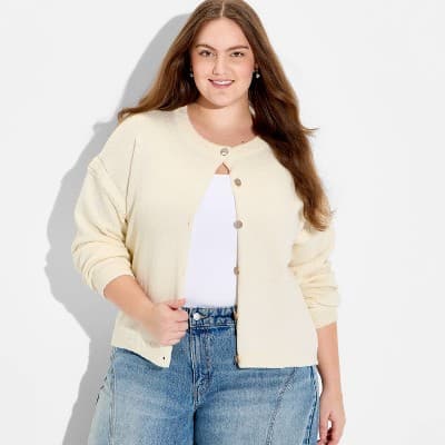 Women's Crewneck Cable Trim Cardigan - Wild Fable™ Off-White 2X