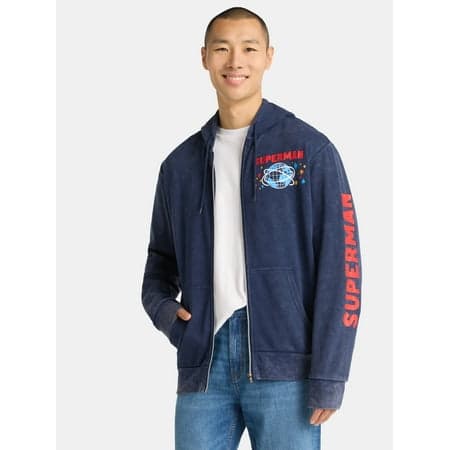 Superman Men's and Big Men's Mineral Wash Graphic Zip Hoodie, Sizes S-3XL