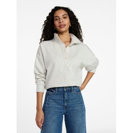 Time and Tru Women's Quarter Button Fleece Top with Long Sleeves, Size XS-XXXL