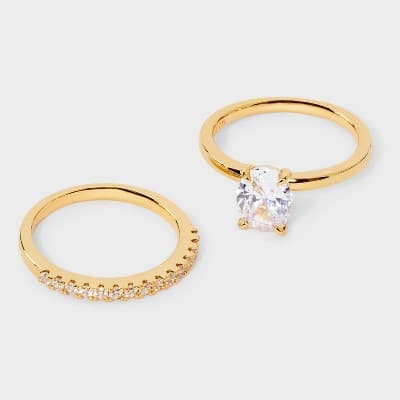 14K Gold Plated Oval Cubic Zirconia and Pave Band Wedding Ring Set 2pc - A New Day™ Gold 8: Nickel-Free, Simulated Stone, Size 8