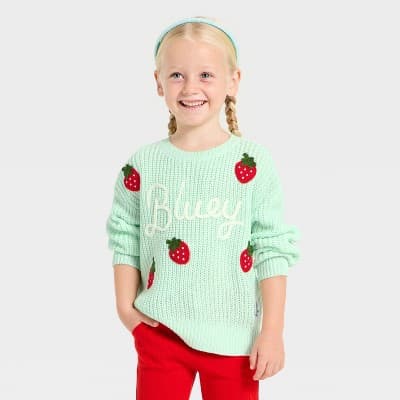Toddler Girls' Bluey Strawberry Chunky Knit Sweater - Mint Green 3T