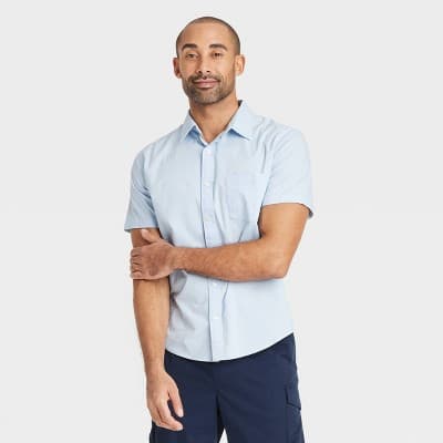 Men's Short Sleeve Poplin Shirt - Goodfellow & Co™ Blue XL: Cotton-Spandex Blend, Midweight, Button Down Collar, Front Pocket
