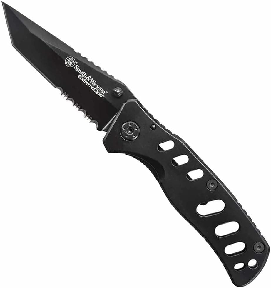 Smith & Wesson Extreme Ops CK10HBS 7.8in S.S. Folding Knife with 3.4in Serrated Tanto Point Blade and S.S. Handle for Outdoor, Tactical, Survival and EDC