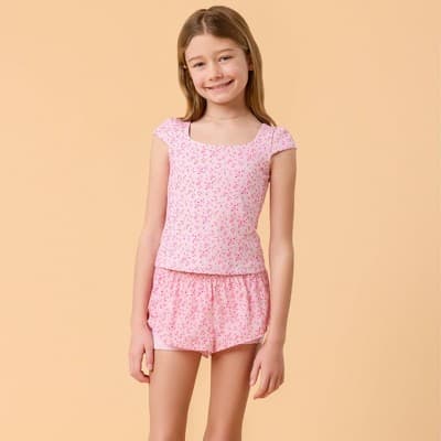 Blogilates Girls' Mommy & Me Princess Cap Sleeve T-Shirt - Pink Floral Print M