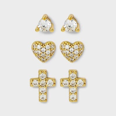 14K Gold Plated Cubic Zirconia Heart and Cross Earring Set 3pc - A New Day™ Gold